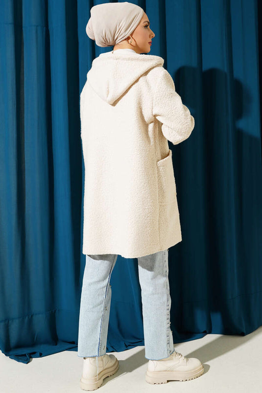 Ribbed Sleeve Hooded Boucle Cape Beige