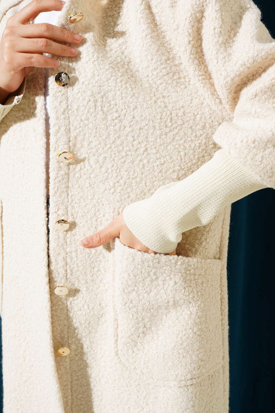 Ribbed Sleeve Hooded Boucle Cape Beige