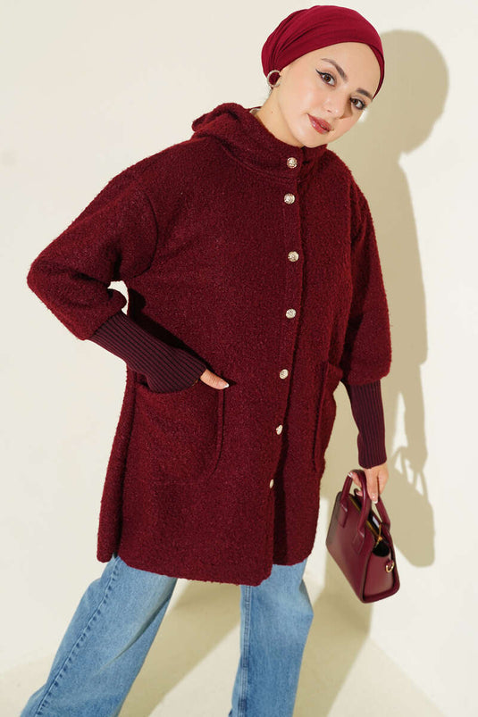 Veste bouclée à poignets et capuche côtelés, bordeaux