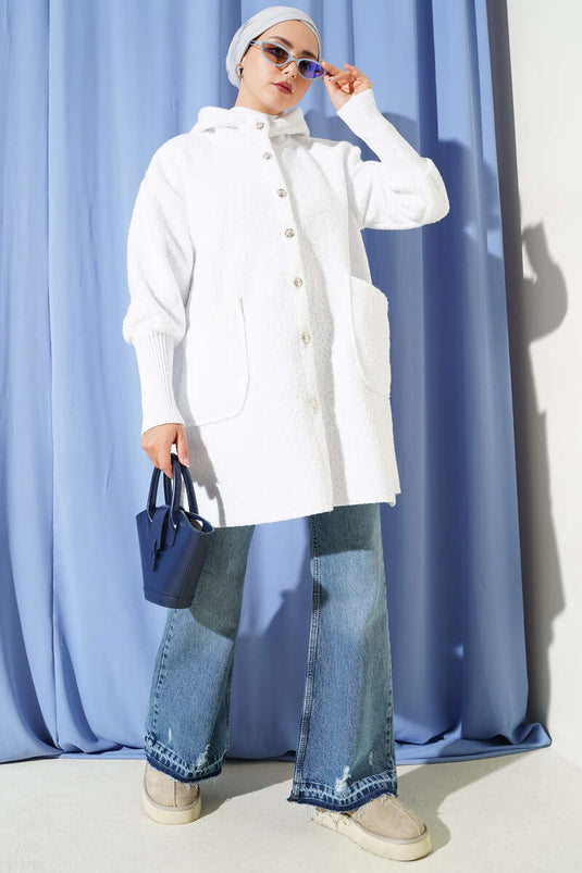 Kol Ribanalı Kapüşonlu Buklet Kap Ekru