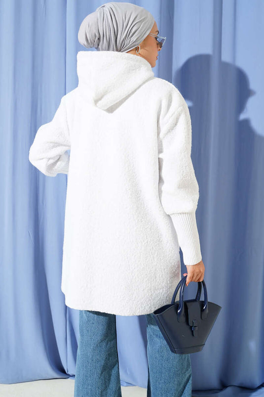 Kol Ribanalı Kapüşonlu Buklet Kap Ekru