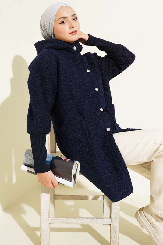 Kol Ribanalı Kapüşonlu Buklet Kap Lacivert