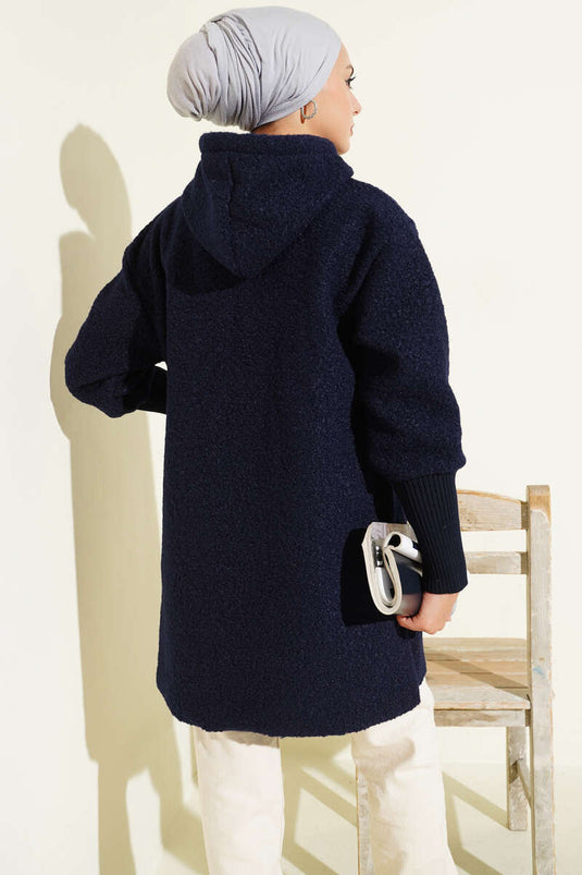 Kol Ribanalı Kapüşonlu Buklet Kap Lacivert