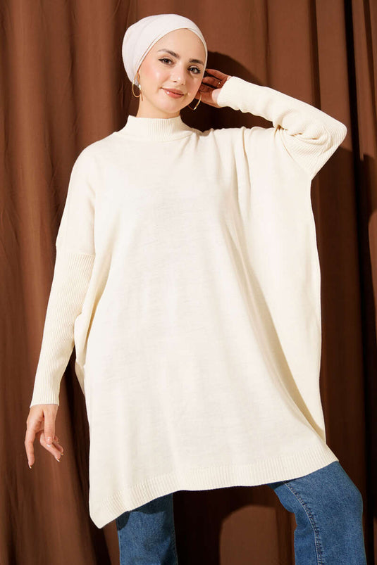 Kol Ribanalı Oversize Triko Tunik Bej