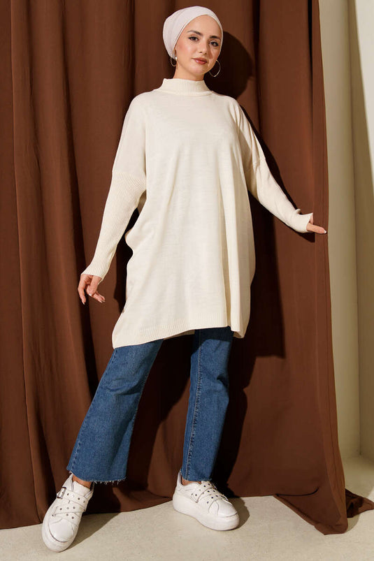 Tunique oversize en maille à manches côtelées, beige