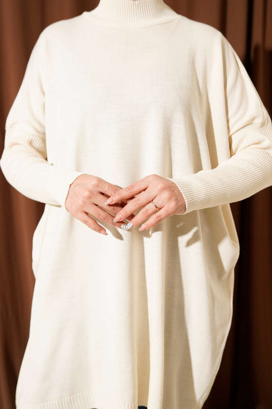 Kol Ribanalı Oversize Triko Tunik Bej
