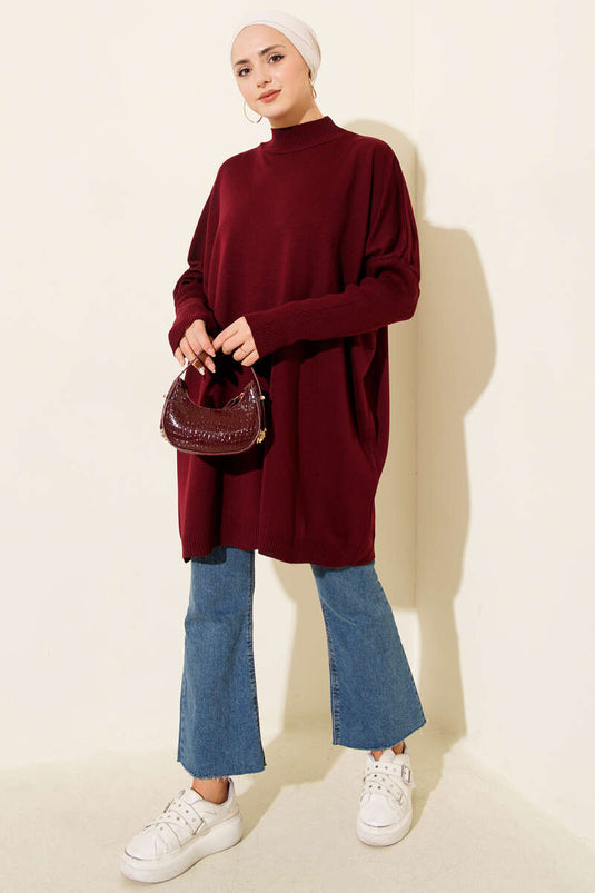 Tunique oversize en maille à manches côtelées, bordeaux