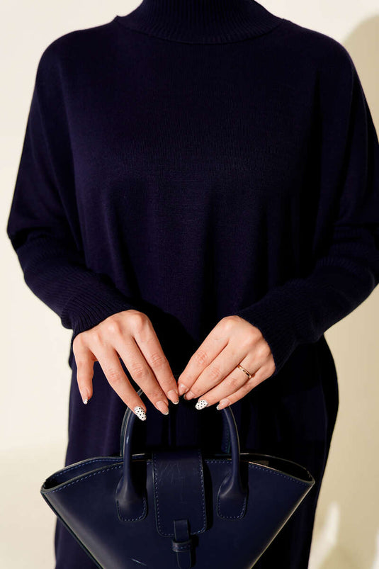 Oversized Knit Tunic with Ribbed Sleeves, Navy Blue