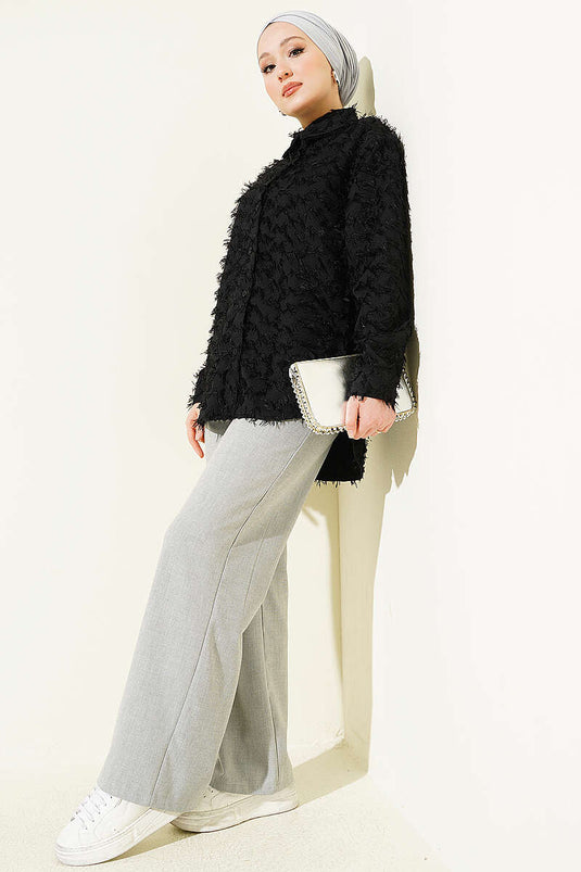 Langärmliges Hemd mit Rippenstrickbündchen und Bartmuster, Schwarz