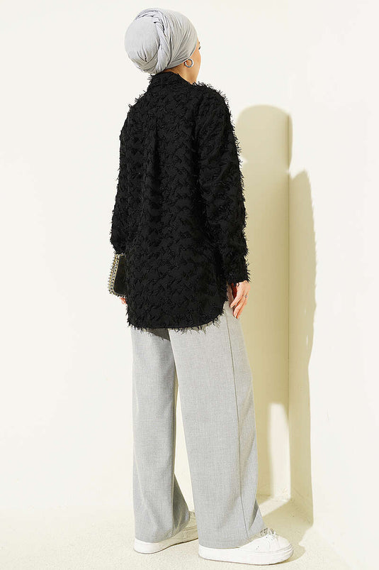 Langärmliges Hemd mit Rippenstrickbündchen und Bartmuster, Schwarz