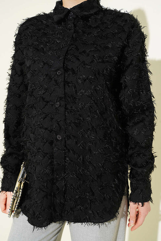 Langärmliges Hemd mit Rippenstrickbündchen und Bartmuster, Schwarz
