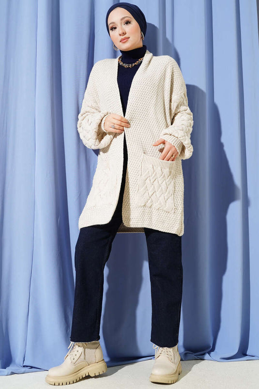 Sleeve Basket Weave Cardigan Beige