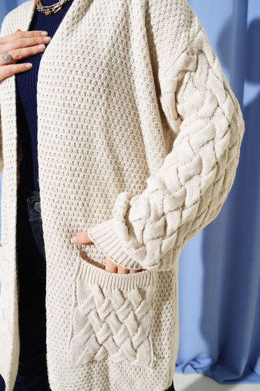 Sleeve Basket Weave Cardigan Beige