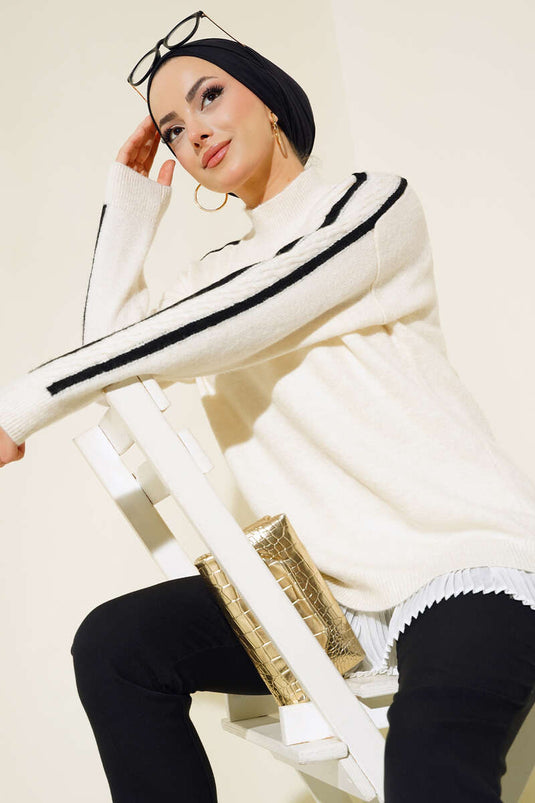 All Stripe Detailed Knit Sweater Ecru