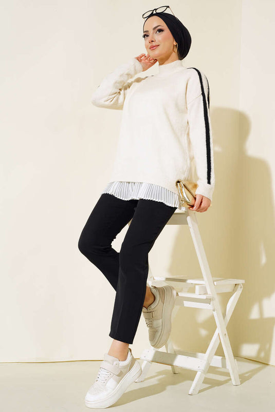 All Stripe Detailed Knit Sweater Ecru