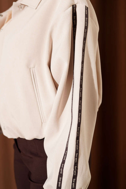Beige Snap-Button Jacket with Sleeve Stripes