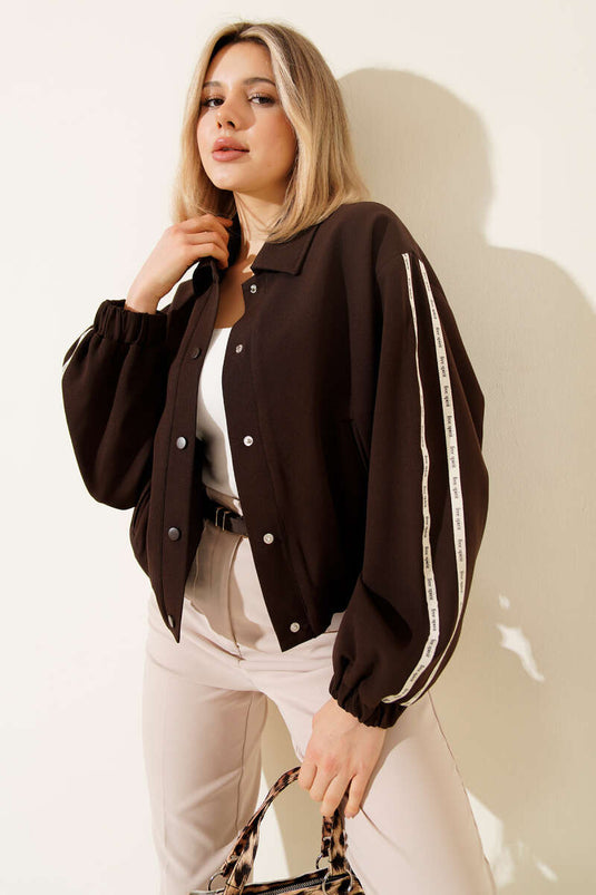 Snap-Button Jacket with Sleeve Stripes Brown