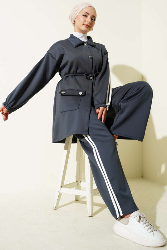 Kol Şeritli Düğmeli Scuba İkili Takım Füme