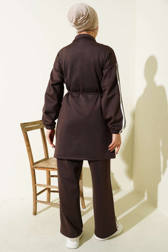 Kol Şeritli Düğmeli Scuba İkili Takım Kahve