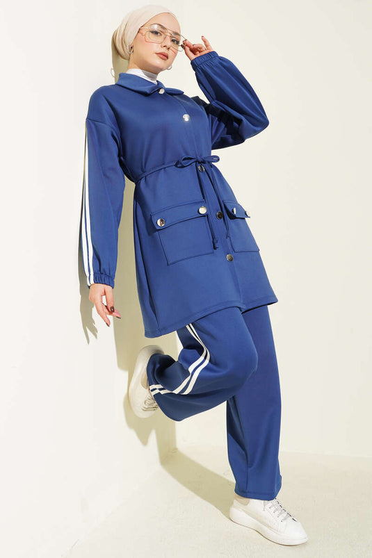 Kol Şeritli Düğmeli Scuba İkili Takım Lacivert