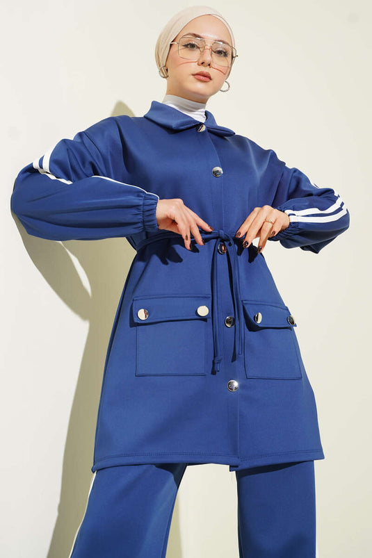 Kol Şeritli Düğmeli Scuba İkili Takım Lacivert