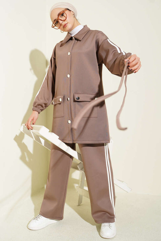 طقم غوص من قطعتين بأزرار وخطوط على الأكمام، لون المنك