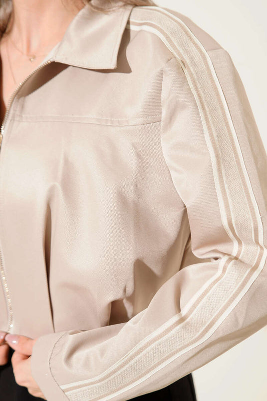 Kol Şeritli Pens Detaylı Crop Ceket Bej