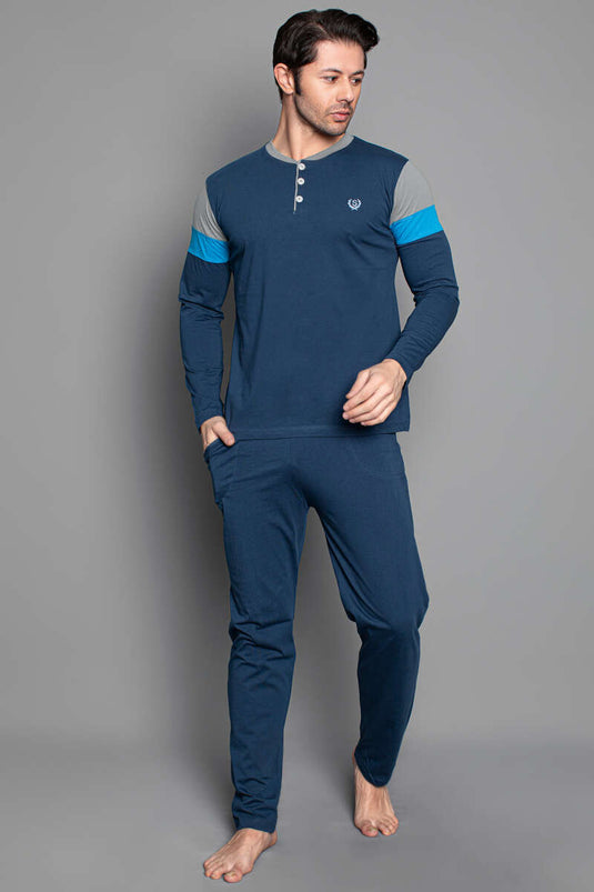 Kol Şeritli Uzun Kol Erkek Pijama Takımı İndigo