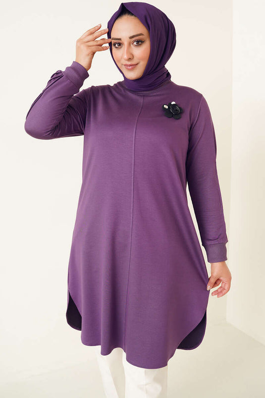 Tunique Grande Taille avec Broche Rose Brodée en Pierre sur la Manche Violet