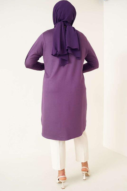 Tunique Grande Taille avec Broche Rose Brodée en Pierre sur la Manche Violet