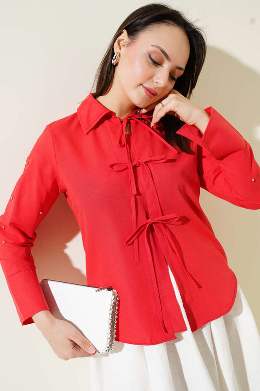 Sleeve Stone Laced Short Shirt Red