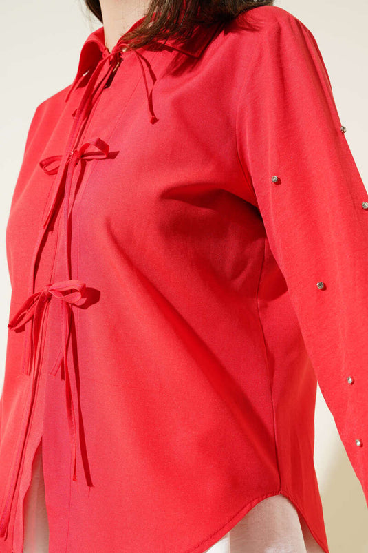 Sleeve Stone Laced Short Shirt Red