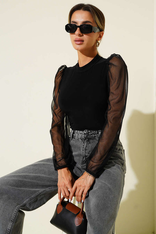Sandy Blouse with Tulle Sleeve Detail, Black