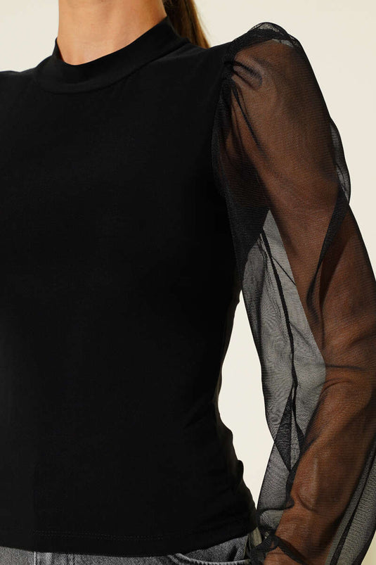 Sandy Blouse with Tulle Sleeve Detail, Black