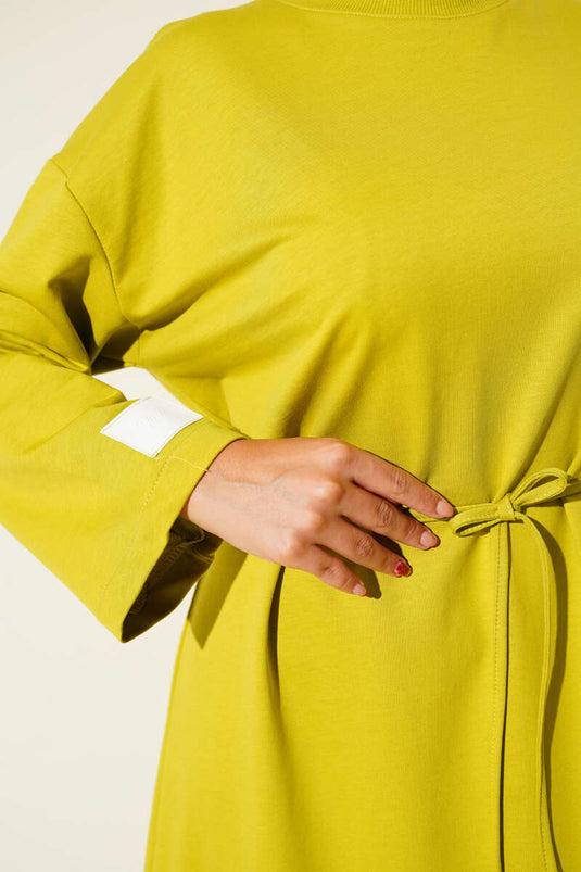 Oil Green Laced Dress with Embroidered Sleeves