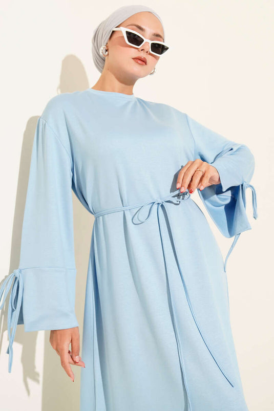 Blue Dress with Lace Detail on the Sleeves