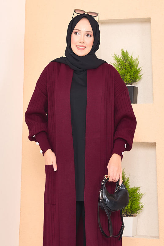 Cardigan hijab en tricot à col châle et manches boutonnées, bordeaux
