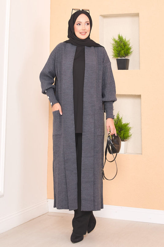 كارديجان حجاب محبوك بياقة شال وأكمام بأزرار، لون دخاني