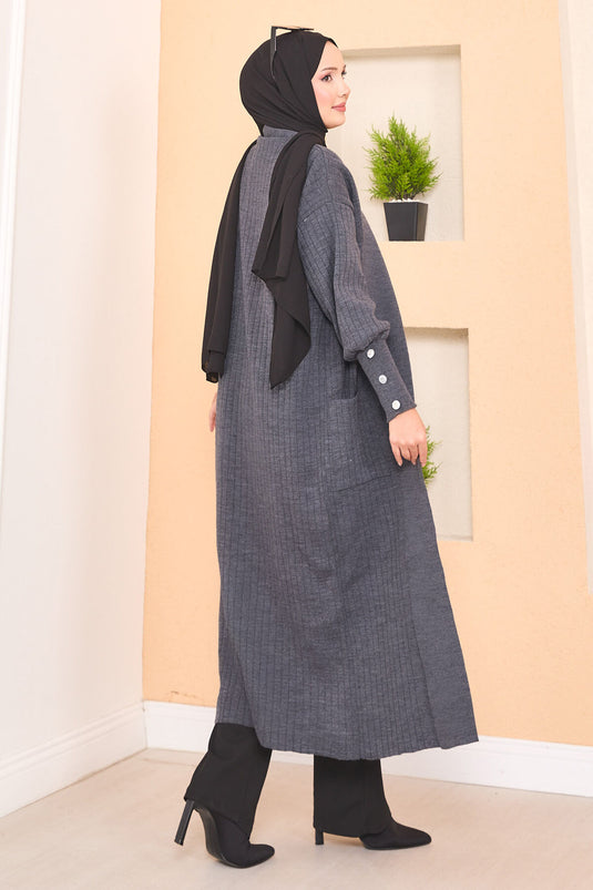 كارديجان حجاب محبوك بياقة شال وأكمام بأزرار، لون دخاني