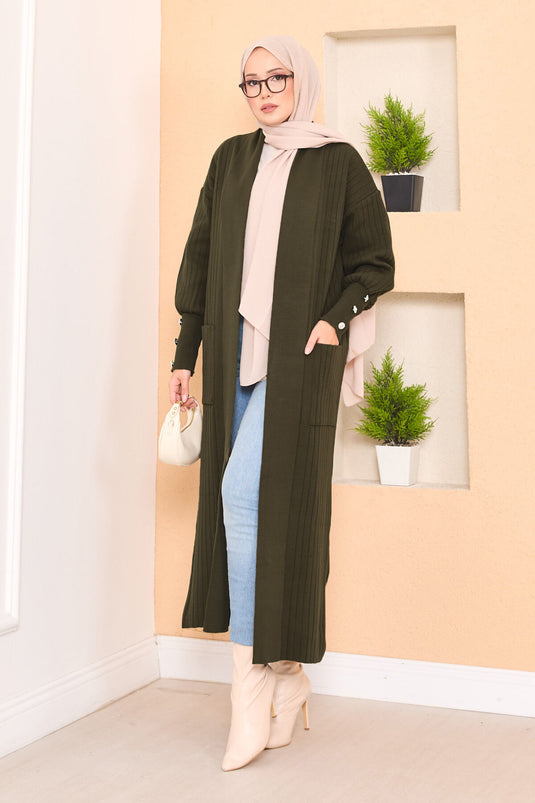 Cardigan en tricot hijab à col châle kaki avec manches boutonnées