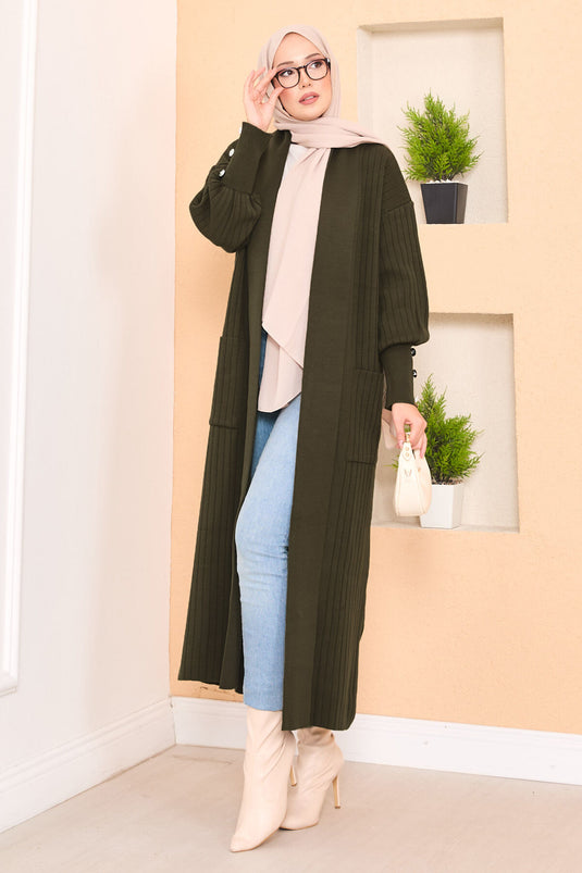 كارديجان حجاب محبوك بياقة شال، لون كاكي، بأكمام بأزرار