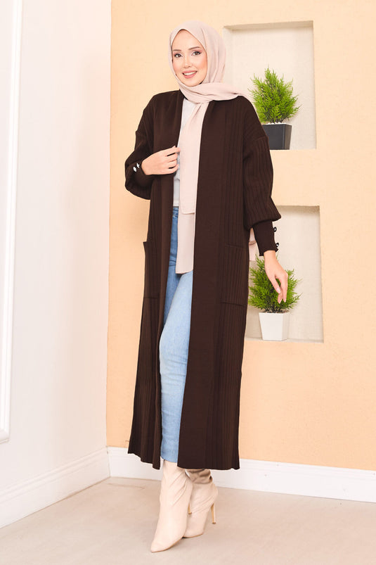Cardigan hijab en tricot à col châle et manches boutonnées, marron