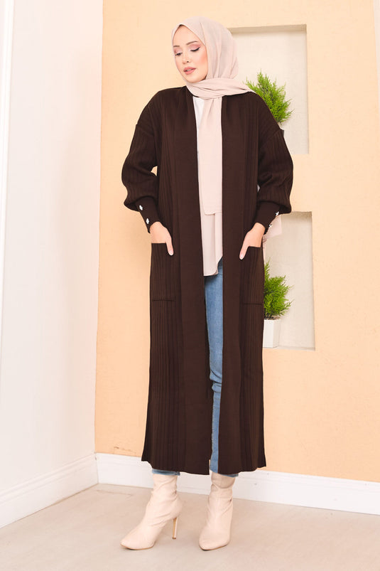 كارديجان حجاب محبوك بياقة شال وأكمام بأزرار، بني