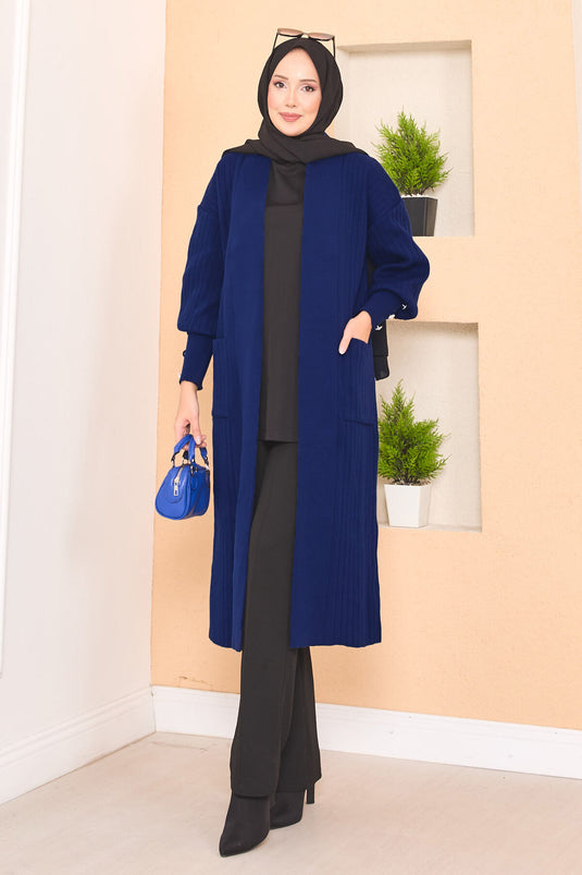 Cardigan hijab en tricot à col châle et manches boutonnées, bleu marine