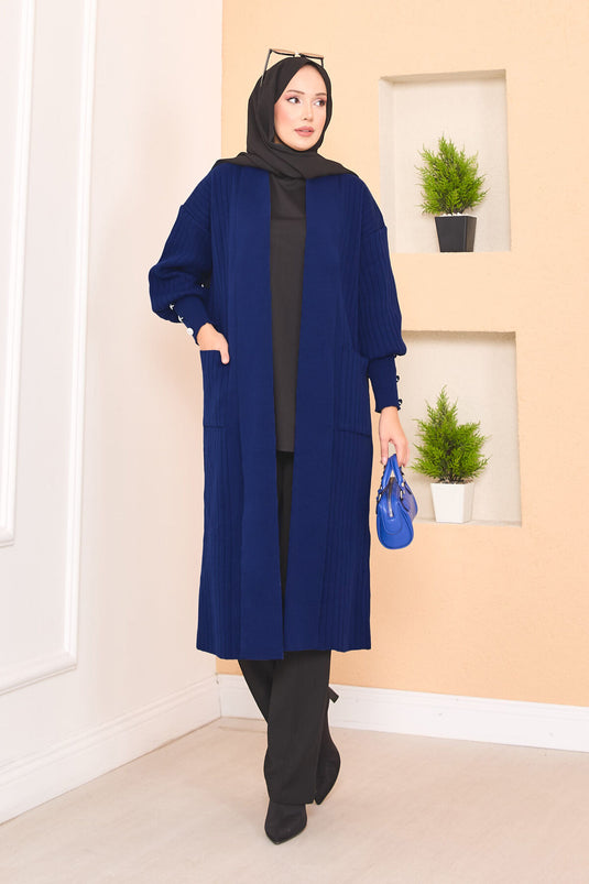كارديجان حجاب محبوك بياقة شال وأكمام بأزرار، أزرق داكن