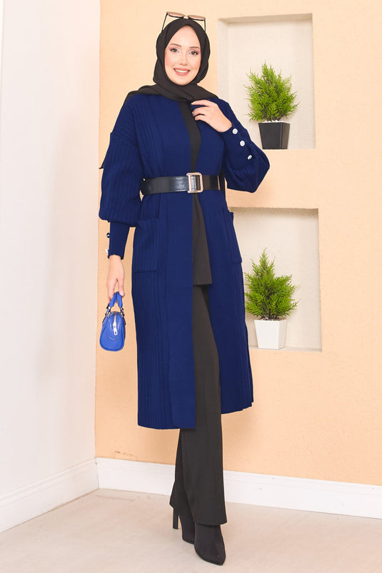 كارديجان حجاب محبوك بياقة شال وأكمام بأزرار، أزرق داكن