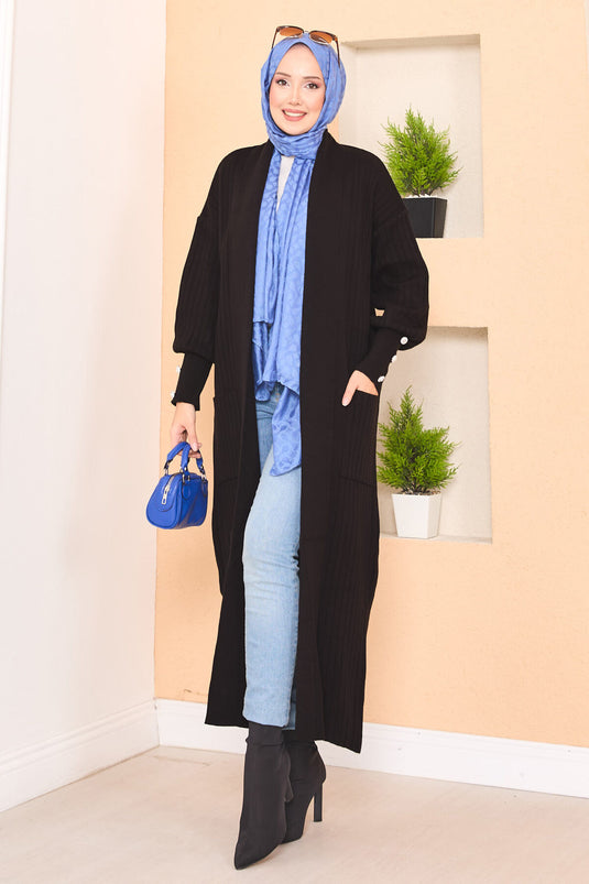 كارديجان حجاب محبوك بياقة شال وأكمام بأزرار، أسود