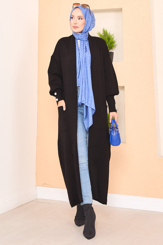 كارديجان حجاب محبوك بياقة شال وأكمام بأزرار، أسود