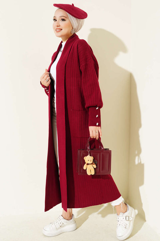 Cardigan en maille à col châle et manches boutonnées, bordeaux