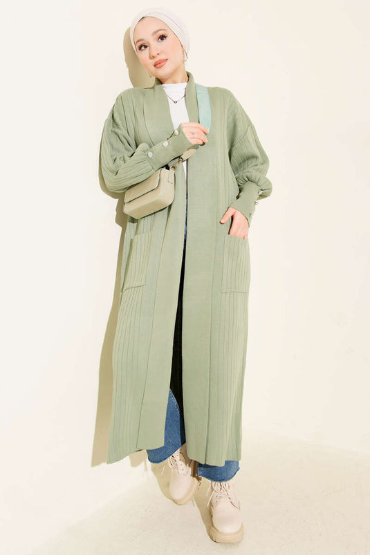Shawl Collar Knitted Cardigan with Buttoned Sleeves, Almond Green